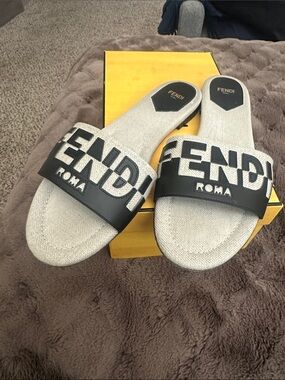 Fendi Black Logo Slide Mules with Light Beige Footbed